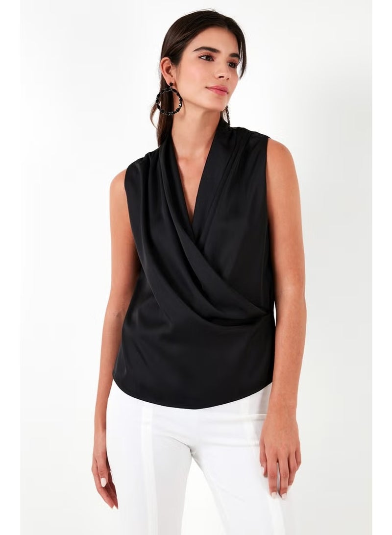 Lela Double Breasted Collar Sleeveless Satin Blouse Women's Blouse 611BZ0341 - Image 1